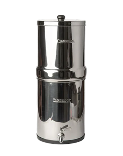 Stainless steel water filter on a white background